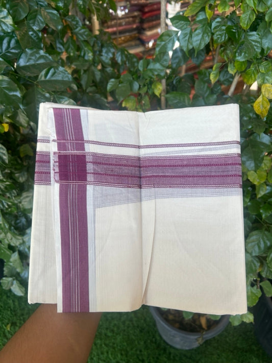 20% Discount ! Kaitharikada Balaramapuram 100% Cotton Off White Double Mundu/Dothi  - 100x80- 1.75 Inch Silver Kasav Purple & Black Striped Kara - 4mtr (8.5muzham)- 18 KK5279 CKS