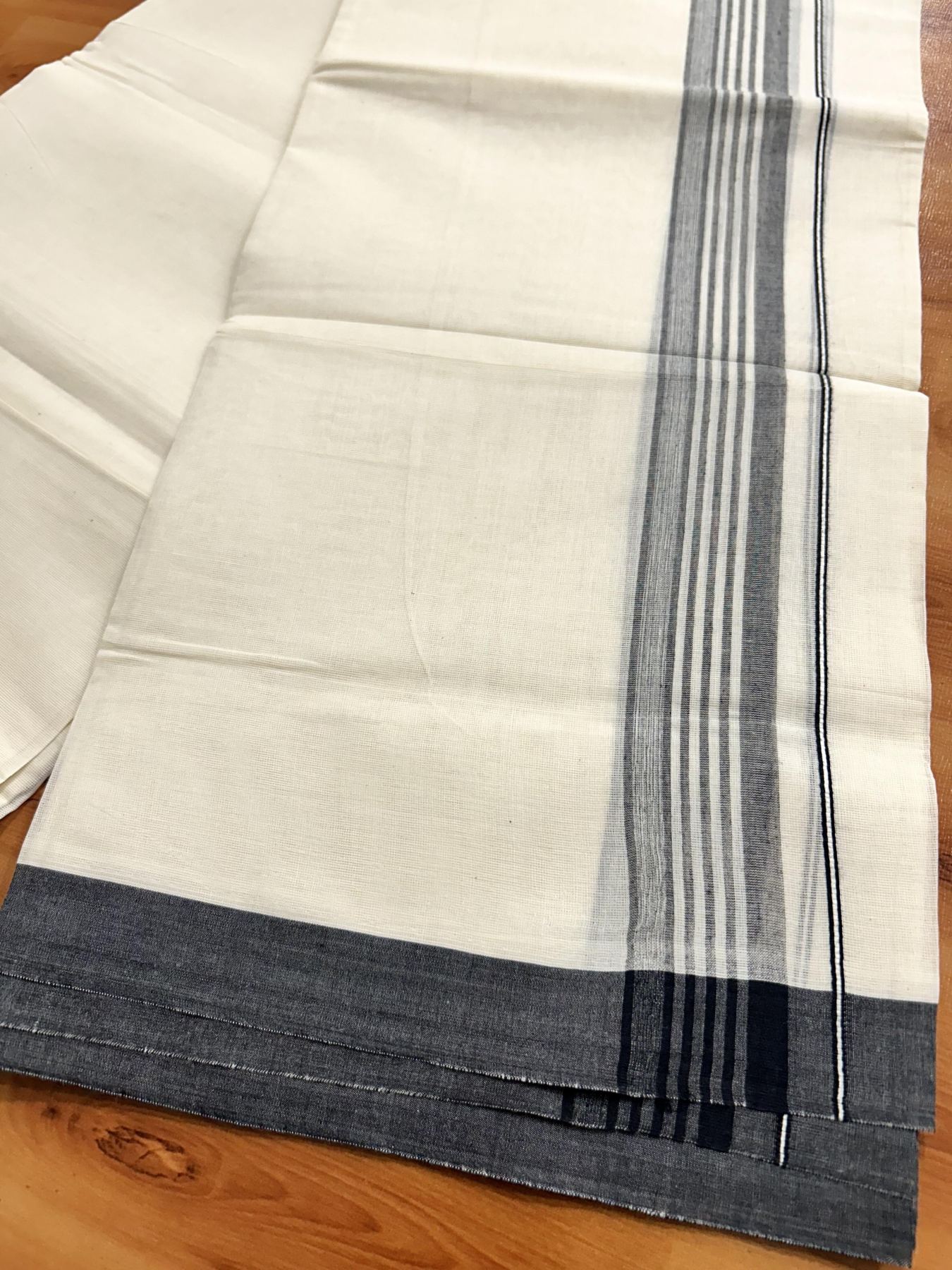 Double Off White (Unbleached) Mundu/Dhoti - 20% Discount! KaithariKada Pure Cotton - 60s - 1.5 inch Ash Black Shaded Striped Kara 4 mtr (8.5 Muzham) - 83 KK5460 PMC