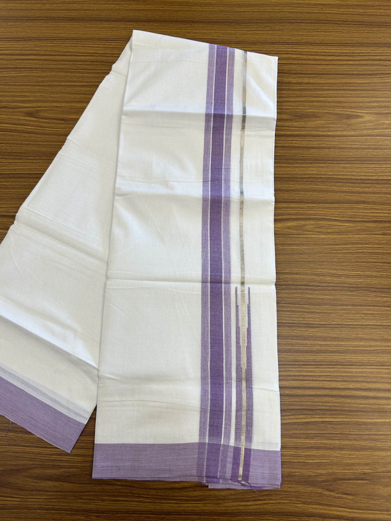 20% Discount ! Kaitharikada Balaramapuram 100% Pure Cotton Double Pure White Mundu/Dhoti - 100x80 - 1.5 inch Silver Kasav & Purple Shaded Stripes Chutty 3.90 mtr (8 muzham) - 54 KK5312 PMC
