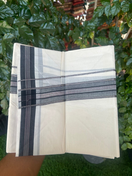 20% Discount ! Kaitharikada Balaramapuram 100% Cotton Off White Double Mundu/Dothi  - 100x80- 1.75 Inch Silver Kasav Black & Pink Striped Kara - 4mtr (8.5muzham)- 21 KK5279 CKS