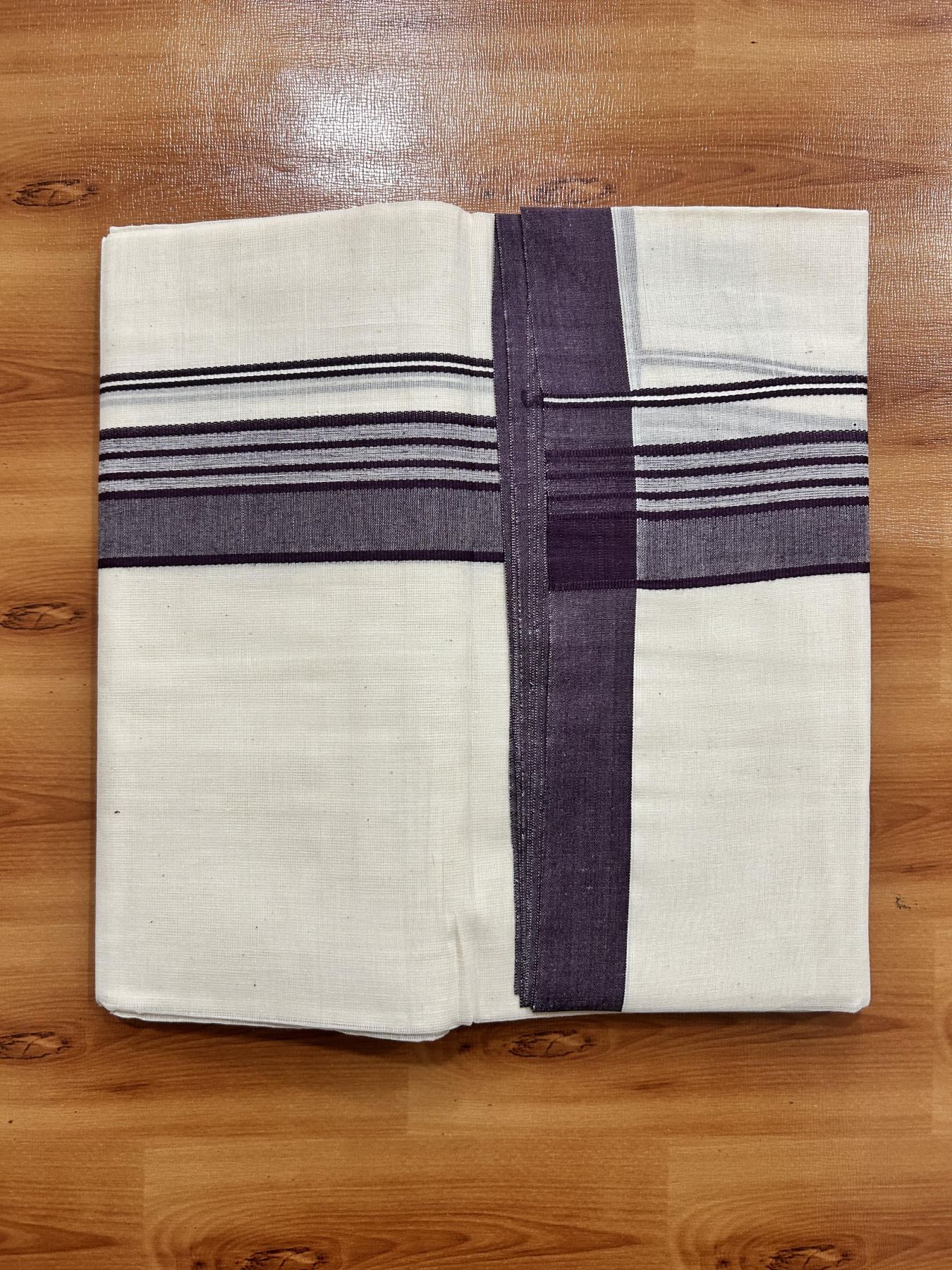 Double Off White (Unbleached) Mundu/Dhoti - 20% Discount! KaithariKada Pure Cotton - 60s - 1.5 inch Dark Purple Shaded Striped Kara 4 mtr (8.5 Muzham) - 78 KK5460 PMC