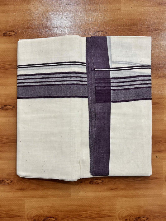 Double Off White (Unbleached) Mundu/Dhoti - 20% Discount! KaithariKada Pure Cotton - 60s - 1.5 inch Dark Purple Shaded Striped Kara 4 mtr (8.5 Muzham) - 78 KK5460 PMC