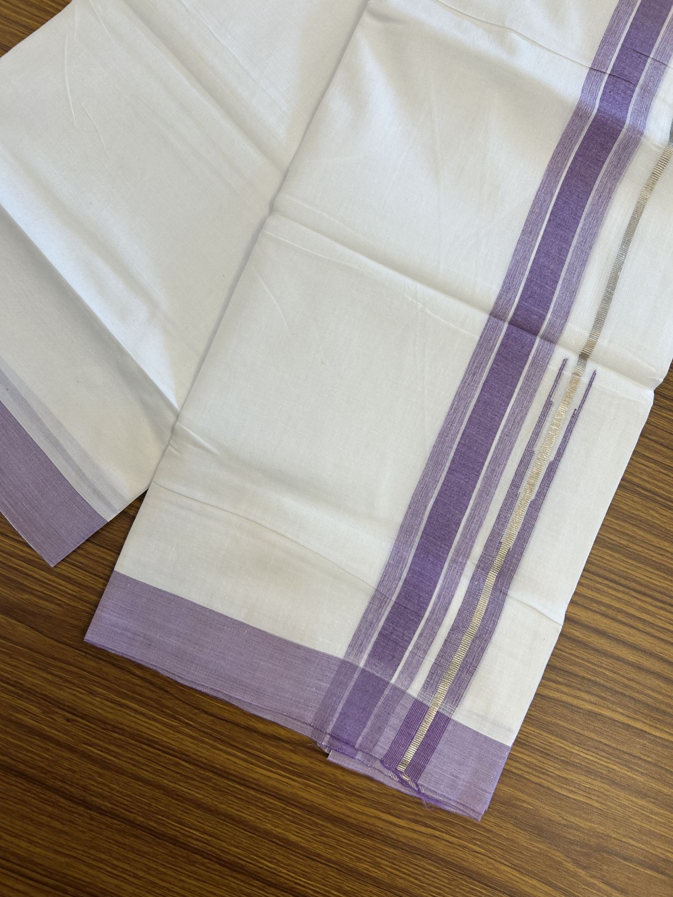 20% Discount ! Kaitharikada Balaramapuram 100% Pure Cotton Double Pure White Mundu/Dhoti - 100x80 - 1.5 inch Silver Kasav & Purple Shaded Stripes Chutty 3.90 mtr (8 muzham) - 54 KK5312 PMC