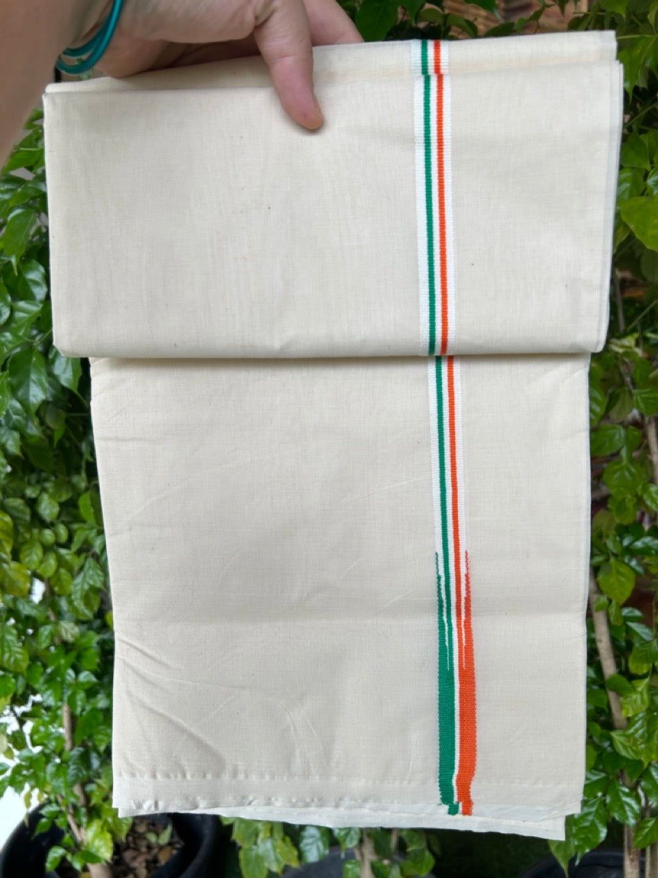 CONGRESS VESHTI - 20% DISCOUNT! KaithariKada 100% Cotton OFF WHITE Double - (Unbleached) Mundu/Dhoti - 100X100 - 0.5 inch Puliyilakkara Orange White & Green Chutty Kara - 1KK5203ASH