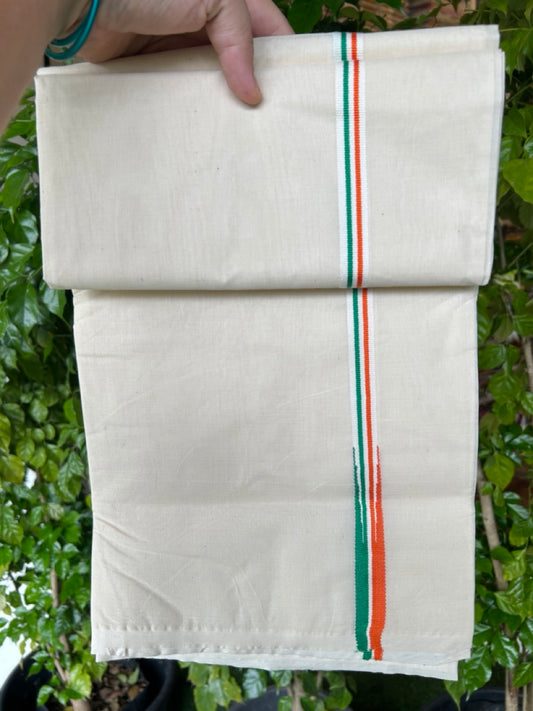 CONGRESS VESHTI - 20% DISCOUNT! KaithariKada 100% Cotton OFF WHITE Double - (Unbleached) Mundu/Dhoti - 100X100 - 0.5 inch Puliyilakkara Orange White & Green Chutty Kara - 1KK5203ASH