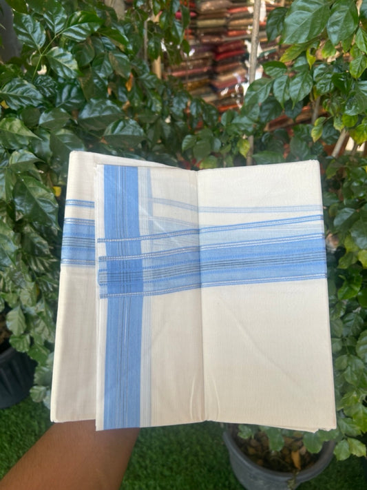 20% Discount ! Kaitharikada Balaramapuram 100% Cotton Off White Double Mundu/Dothi  - 100x80- 1.75 Inch Silver Kasav Blue & Black Striped Kara - 4mtr (8.5muzham)- 16 KK5279 CKS
