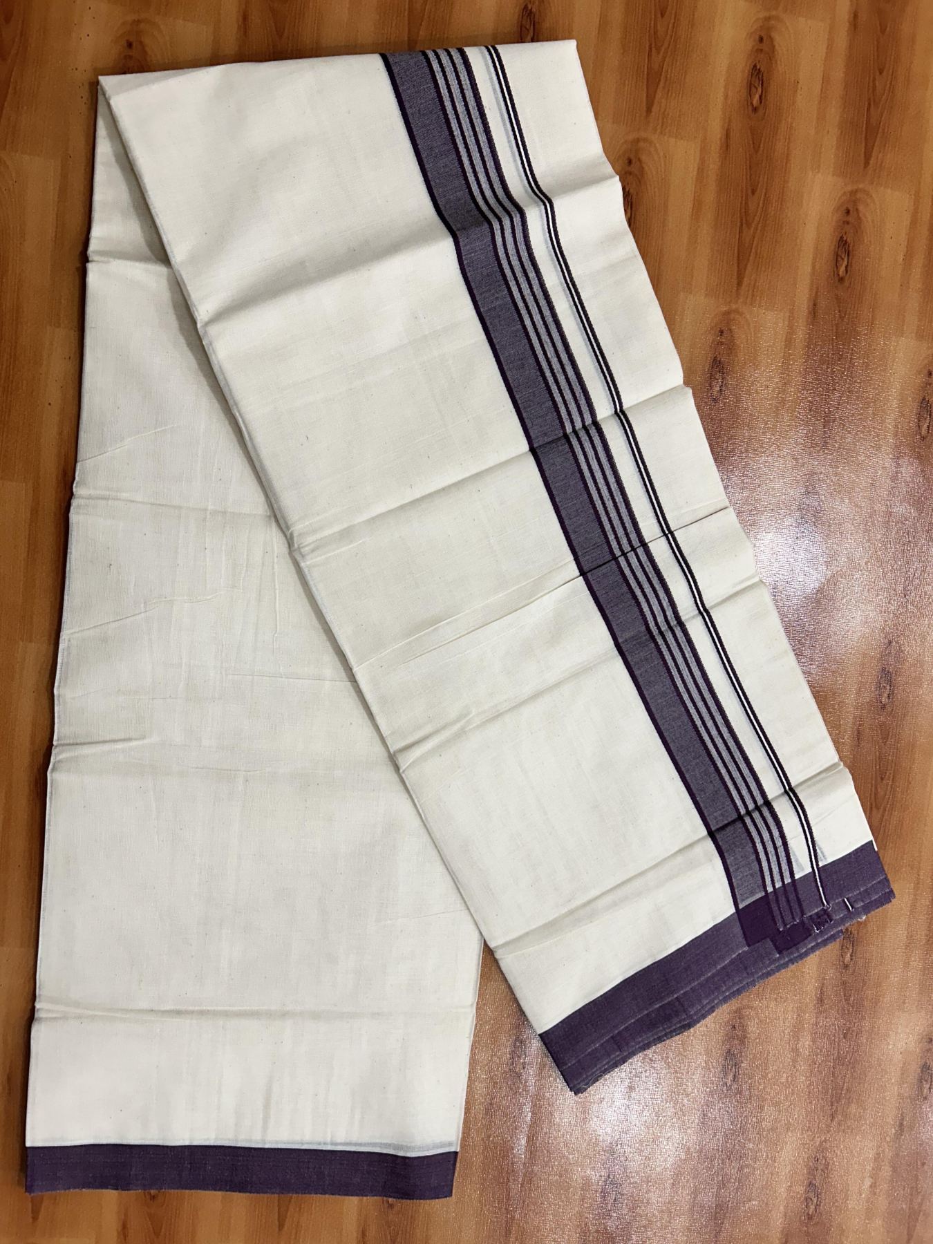 Double Off White (Unbleached) Mundu/Dhoti - 20% Discount! KaithariKada Pure Cotton - 60s - 1.5 inch Dark Purple Shaded Striped Kara 4 mtr (8.5 Muzham) - 78 KK5460 PMC
