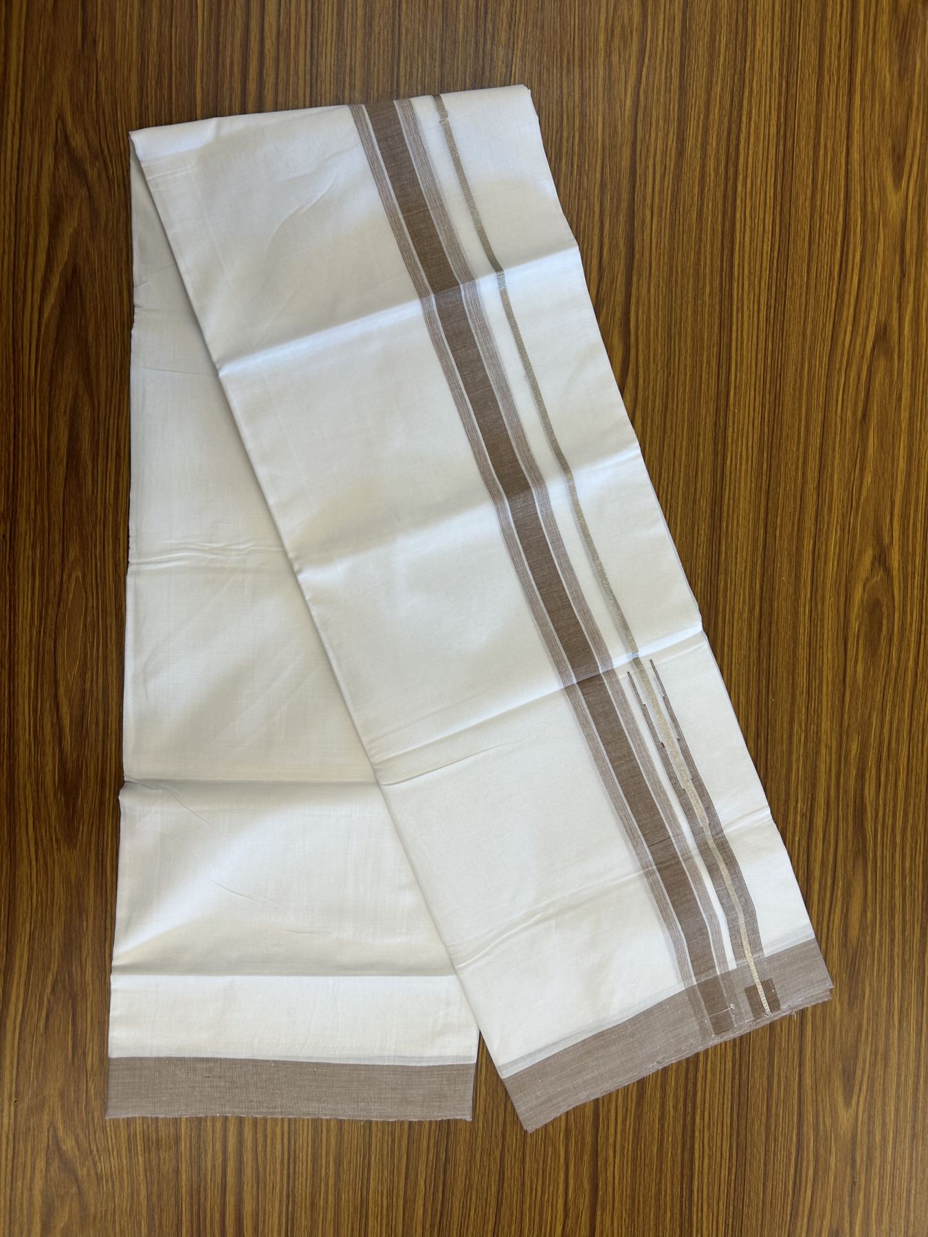 20% Discount ! Kaitharikada Balaramapuram 100% Pure Cotton Double Pure White Mundu/Dhoti - 100x80 - 1.5 inch Silver Kasav & Brown Shaded Stripes Chutty 3.90 mtr (8 muzham) - 53 KK5312 PMC