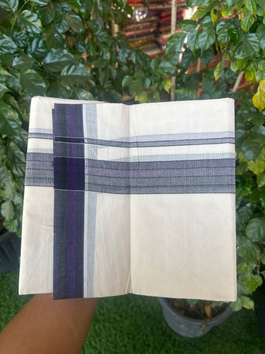 20% Discount ! Kaitharikada Balaramapuram 100% Cotton Off White Double Mundu/Dothi  - 100x80- 1.5 Inch Silver Kasav Green & Violet Shaded Kara - 4mtr (8.5muzham)- 6 KK5279 CKS