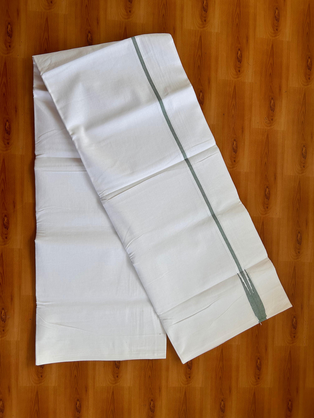 Pure White Double Mundu/Dhoti - 20% Discount! KaithariKada Pulimood - 100% Cotton - 100x100 - 0.5 inch Puliyilakkara Teal Green Chutty Kara 4 mtr (8.5 muzham) - 16 KK5530 ASH