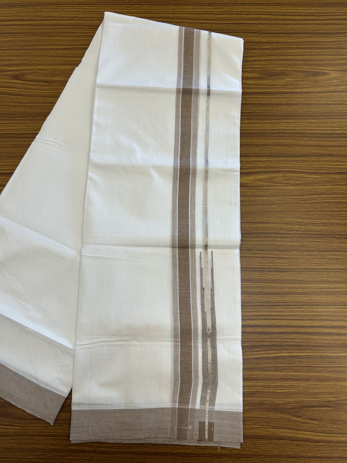20% Discount ! Kaitharikada Balaramapuram 100% Pure Cotton Double Pure White Mundu/Dhoti - 100x80 - 1.5 inch Silver Kasav & Brown Shaded Stripes Chutty 3.90 mtr (8 muzham) - 53 KK5312 PMC