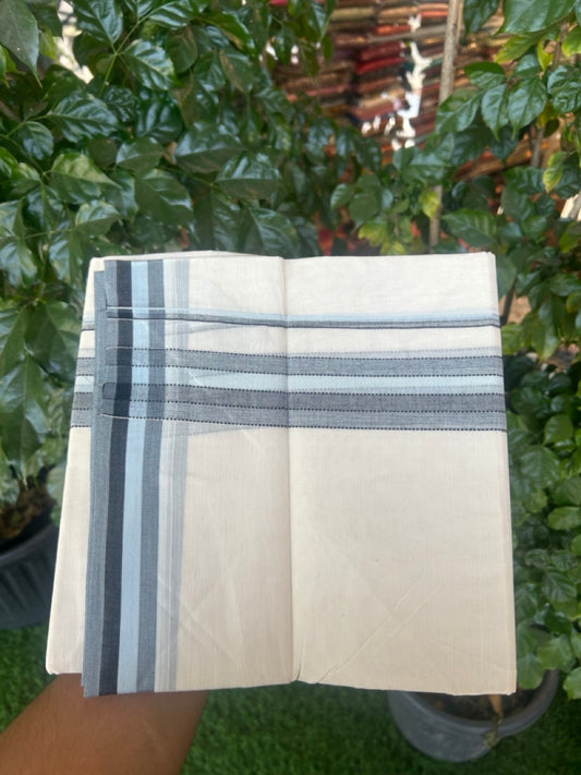20% Discount ! Kaitharikada Balaramapuram 100% Cotton Off White Double Mundu/Dothi  - 100x80- 1.5 Inch Silver Kasav Sky Blue & Black Shaded Kara - 4mtr (8.5muzham)- 7 KK5279 CKS