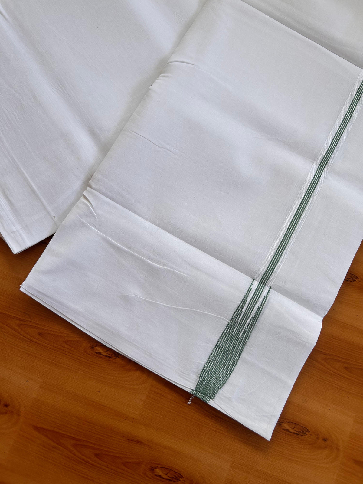 Pure White Double Mundu/Dhoti - 20% Discount! KaithariKada Pulimood - 100% Cotton - 100x100 - 0.5 inch Puliyilakkara Teal Green Chutty Kara 4 mtr (8.5 muzham) - 16 KK5530 ASH