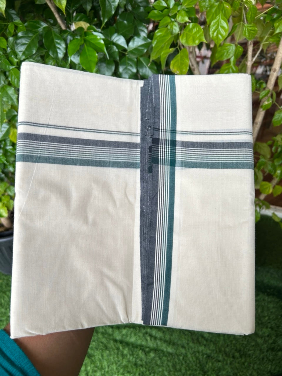 20% DISCOUNT ! KaithariKada 100% Cotton OFF WHITE (Unbleached) Double Dhoti/Mundu- 1.25 inch Black & Green Striped Kara 4.50 Meters (10 Muzham) - 7KK5203ASH