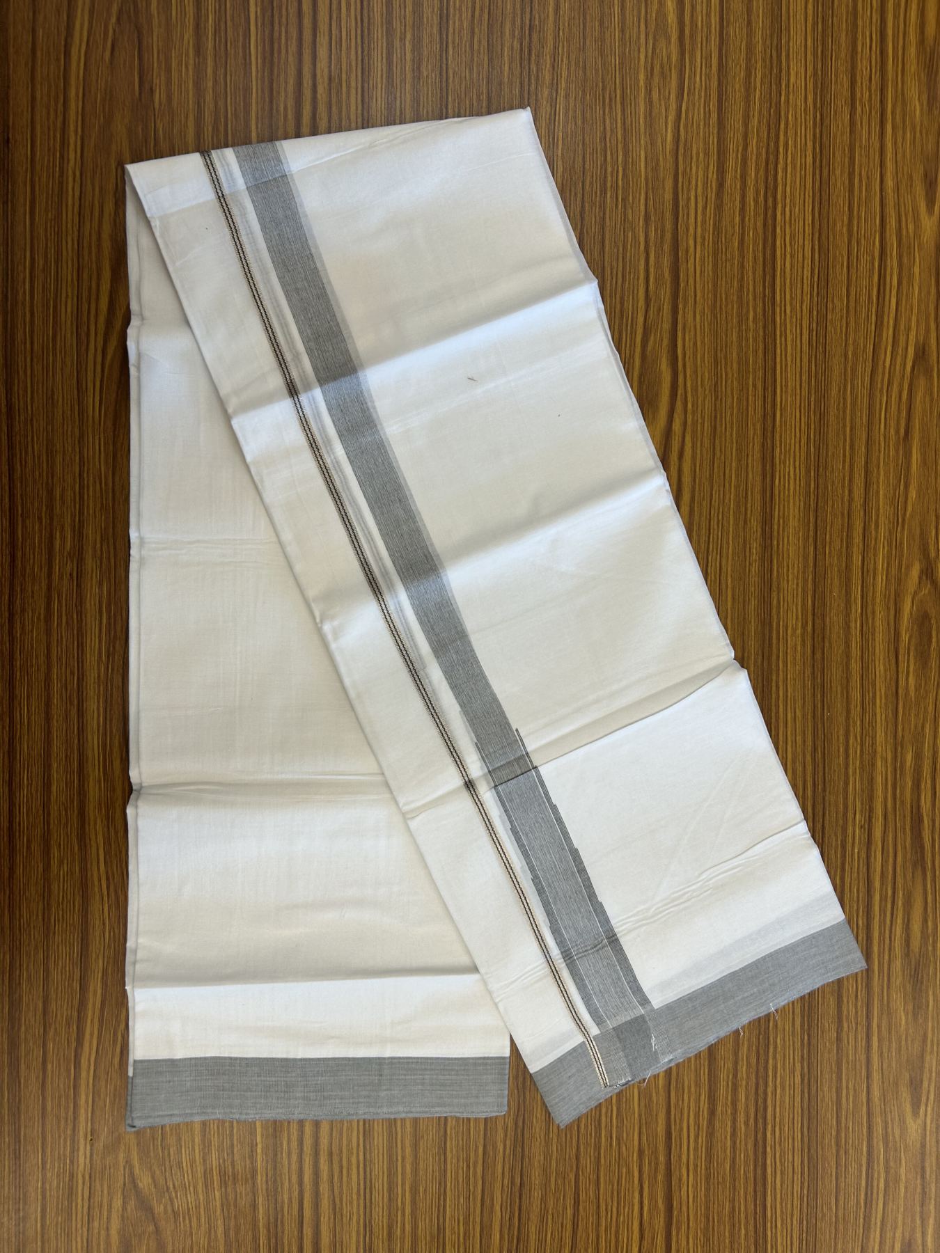 20% Discount ! Kaitharikada Balaramapuram 100% Pure Cotton Double Pure White Mundu/Dhoti - 100x80 - 1.5 inch Silver Kasav & Grey Shaded Stripes Chutty 3.90 mtr (8 muzham) - 55 KK5312 PMC