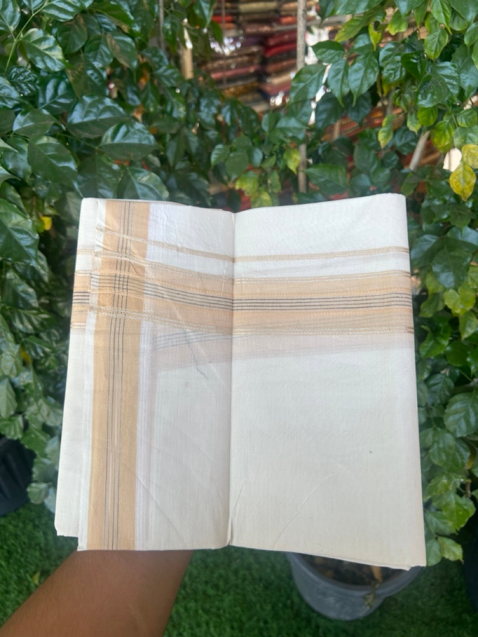20% Discount ! Kaitharikada Balaramapuram 100% Cotton Off White Double Mundu/Dothi  - 100x80- 1.75 Inch Silver Kasav Dairy Cream & Black Striped Kara - 4mtr (8.5muzham)- 15 KK5279 CKS