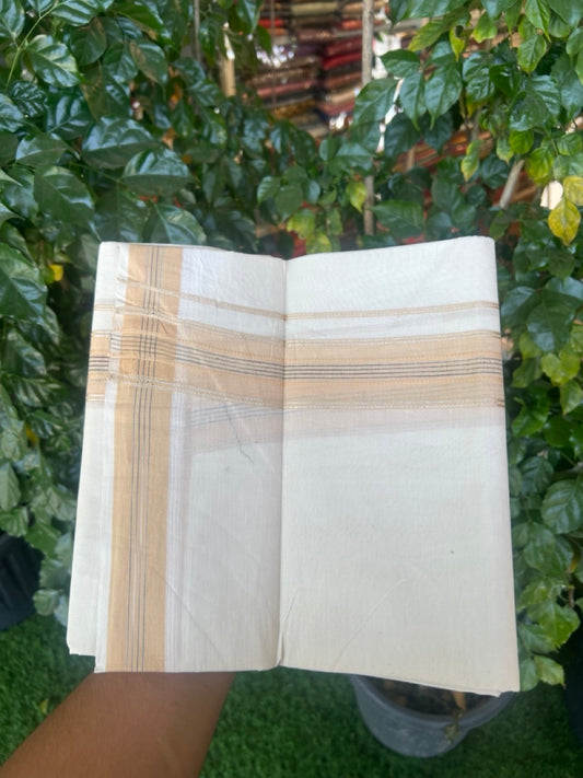 20% Discount ! Kaitharikada Balaramapuram 100% Cotton Off White Double Mundu/Dothi  - 100x80- 1.75 Inch Silver Kasav Dairy Cream & Black Striped Kara - 4mtr (8.5muzham)- 15 KK5279 CKS