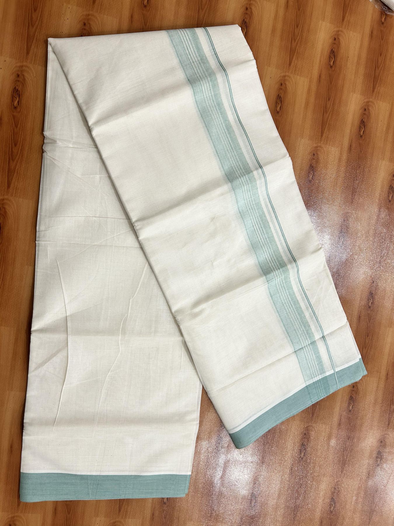 Double Off White (Unbleached) Mundu/Dhoti - 20% Discount! KaithariKada Pure Cotton - 60s - 1.5 inch Pastel Green Shaded Striped Kara 4 mtr (8.5 Muzham) - 81 KK5460 PMC