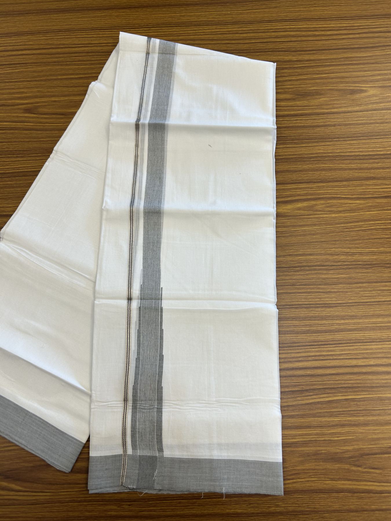 20% Discount ! Kaitharikada Balaramapuram 100% Pure Cotton Double Pure White Mundu/Dhoti - 100x80 - 1.5 inch Silver Kasav & Grey Shaded Stripes Chutty 3.90 mtr (8 muzham) - 55 KK5312 PMC