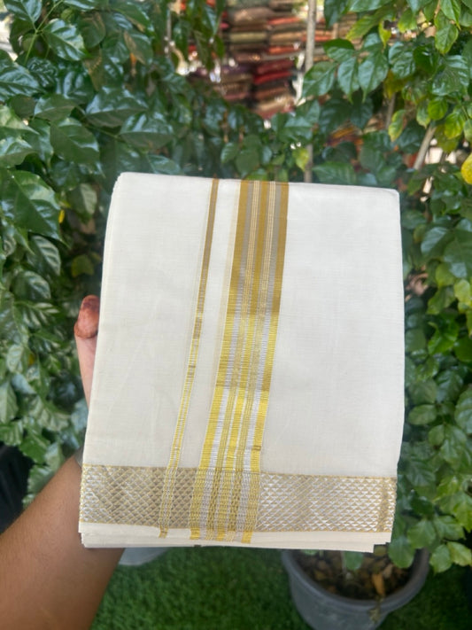 20% DISCOUNT ! KaithariKada  Balaramapuram - 100% PURE Cotton Off White - (Unbleached) Double Mundu/Dhoti - 100X80 -  1.25 inch Gold Kasavu & Silver Kasavu Striped Kara -  1 KK5279 CKS