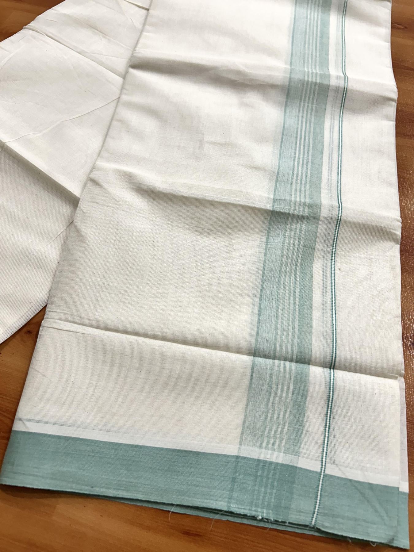 Double Off White (Unbleached) Mundu/Dhoti - 20% Discount! KaithariKada Pure Cotton - 60s - 1.5 inch Pastel Green Shaded Striped Kara 4 mtr (8.5 Muzham) - 81 KK5460 PMC