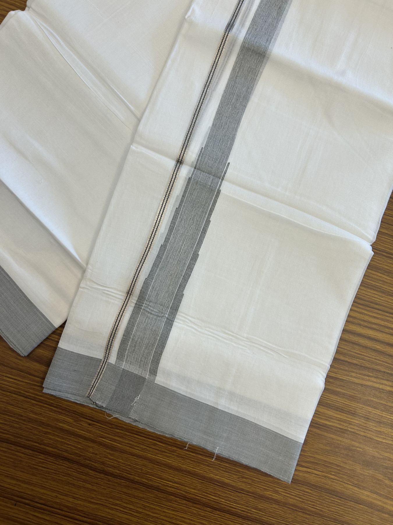 20% Discount ! Kaitharikada Balaramapuram 100% Pure Cotton Double Pure White Mundu/Dhoti - 100x80 - 1.5 inch Silver Kasav & Grey Shaded Stripes Chutty 3.90 mtr (8 muzham) - 55 KK5312 PMC