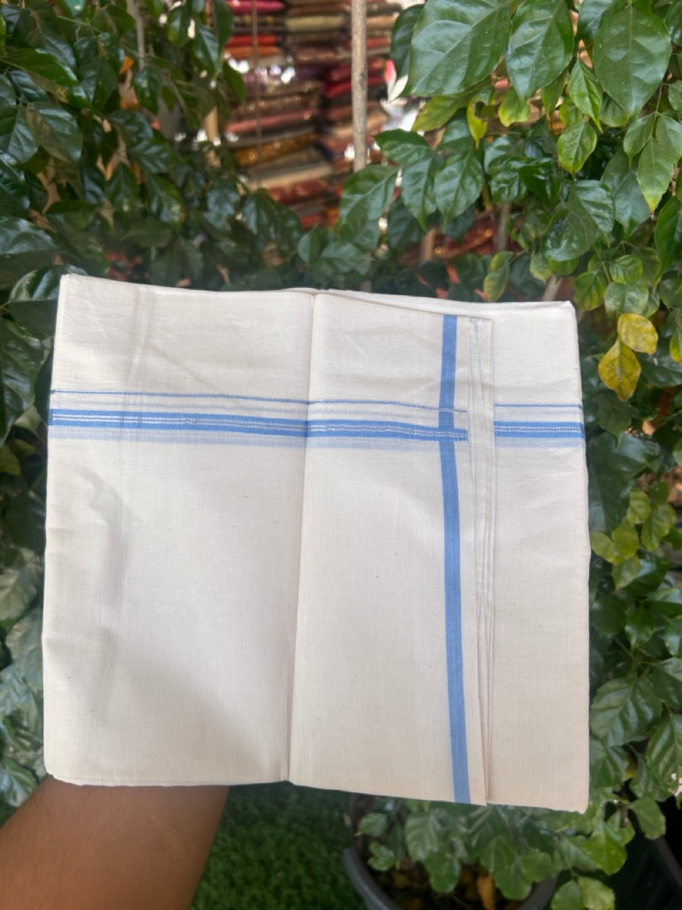 20% Discount ! Kaitharikada Balaramapuram 100% Cotton Off White Double Mundu/Dothi  - 100x80- 0.25 Inch Blue & Silver Kasav Striped Kara - 4mtr (8.5muzham)- 9 KK5279 CKS