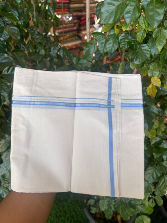 20% Discount ! Kaitharikada Balaramapuram 100% Cotton Off White Double Mundu/Dothi  - 100x80- 0.25 Inch Blue & Silver Kasav Striped Kara - 4mtr (8.5muzham)- 9 KK5279 CKS