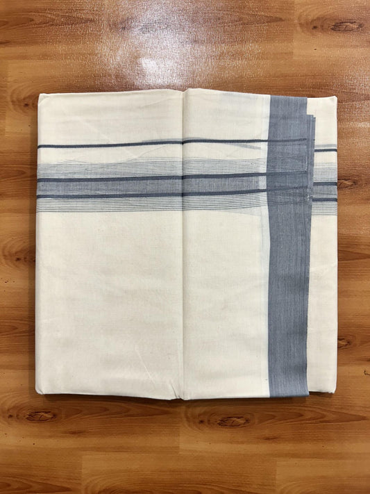 Double Off White (Unbleached) Mundu/Dhoti - 20% Discount! KaithariKada Pure Cotton - 100x80 - 1.5 inch Greyish Lavender Shaded Striped Kara 4 mtr (8.5 Muzham) - 86 KK5460 PMC