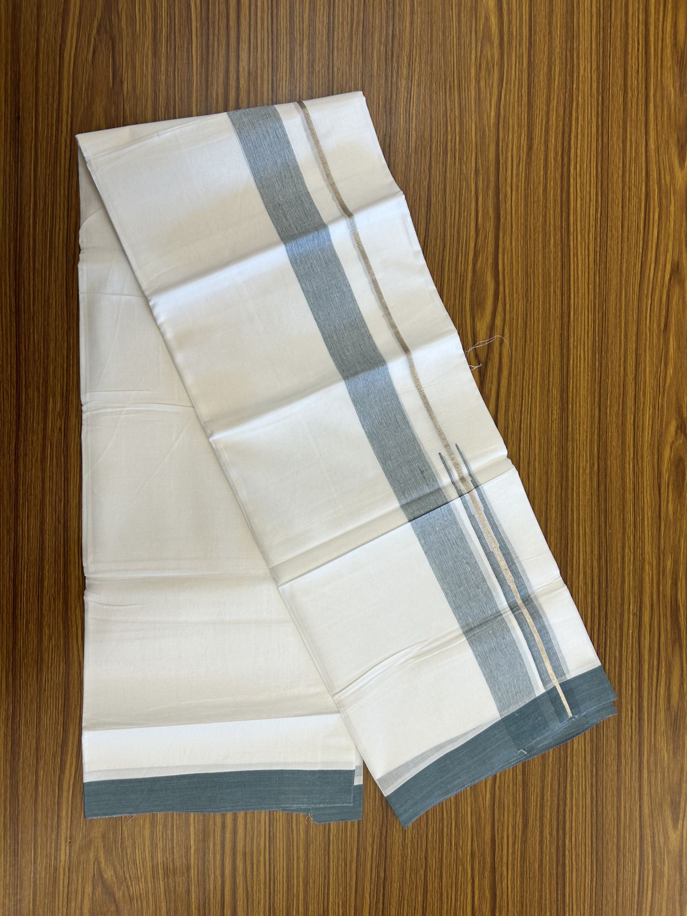20% Discount ! Kaitharikada Balaramapuram 100% Pure Cotton Double Pure White Mundu/Dhoti - 100x80 - 1.5 inch  Silver Kasav & Light Pine Green Shaded Stripes Chutty 3.90 mtr (8 muzham) - 45 KK5312 PMC
