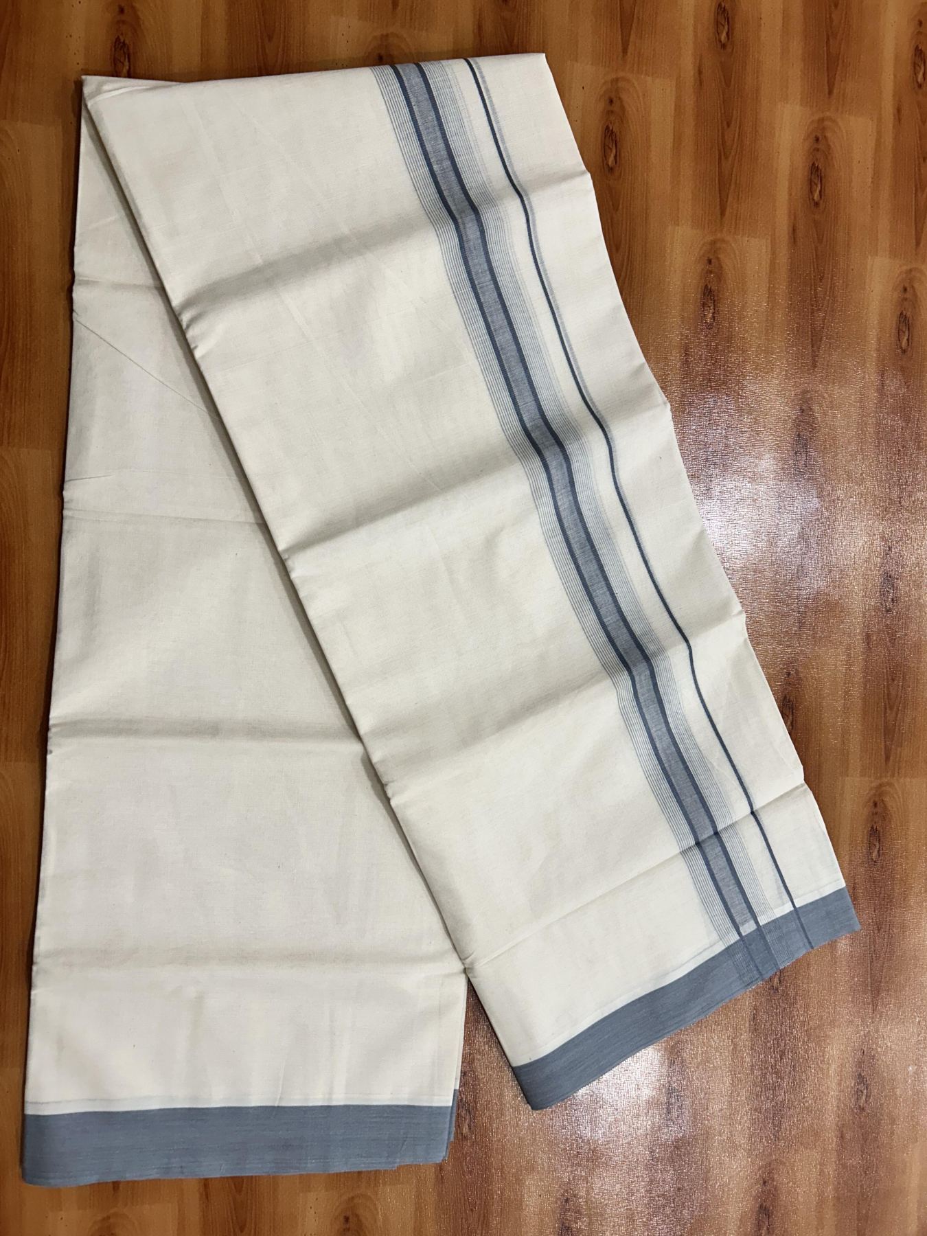 Double Off White (Unbleached) Mundu/Dhoti - 20% Discount! KaithariKada Pure Cotton - 100x80 - 1.5 inch Greyish Lavender Shaded Striped Kara 4 mtr (8.5 Muzham) - 86 KK5460 PMC