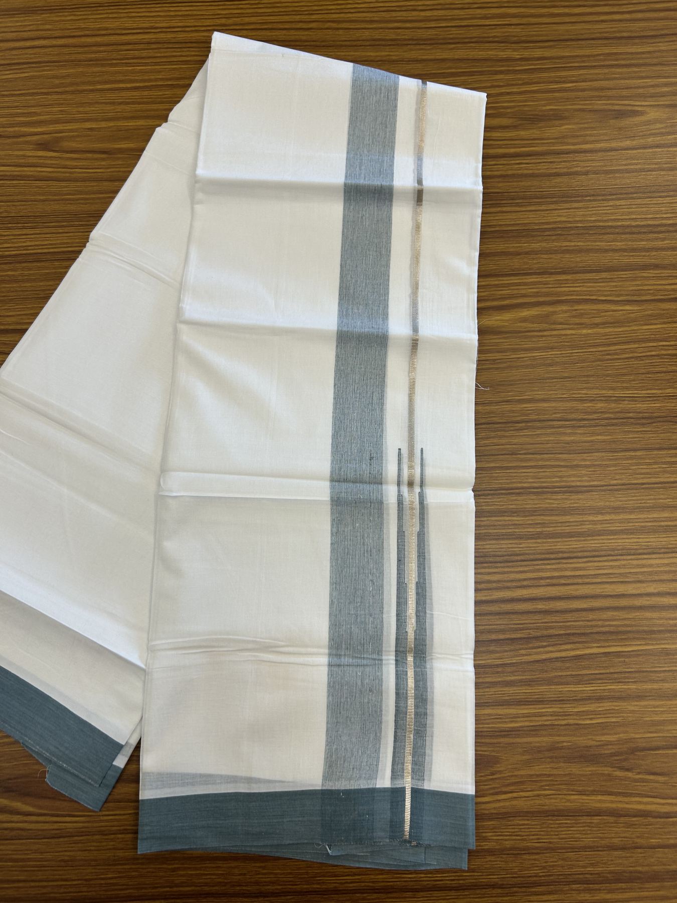20% Discount ! Kaitharikada Balaramapuram 100% Pure Cotton Double Pure White Mundu/Dhoti - 100x80 - 1.5 inch  Silver Kasav & Light Pine Green Shaded Stripes Chutty 3.90 mtr (8 muzham) - 45 KK5312 PMC