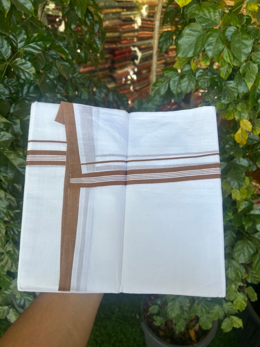 24% Discount! KaithariKada Balaramapuram 100% Cotton Double Pure white Mundu/Dhoti- 100x100 - 0.75 inch Walnut Brown Striped kara - 3.90mtr ( 8 muzham) - 44 KK5279 CKS