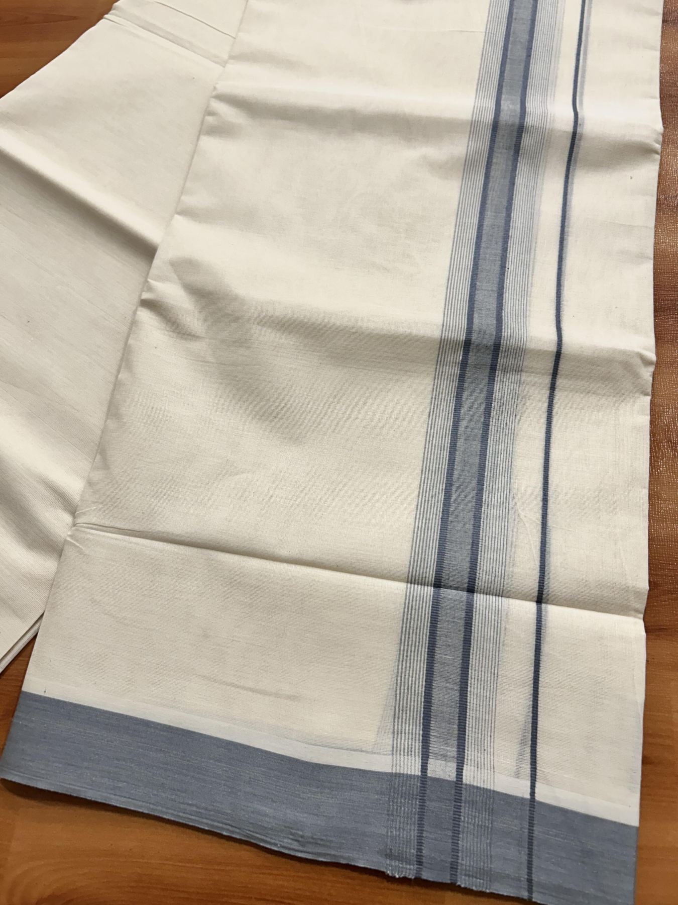 Double Off White (Unbleached) Mundu/Dhoti - 20% Discount! KaithariKada Pure Cotton - 100x80 - 1.5 inch Greyish Lavender Shaded Striped Kara 4 mtr (8.5 Muzham) - 86 KK5460 PMC
