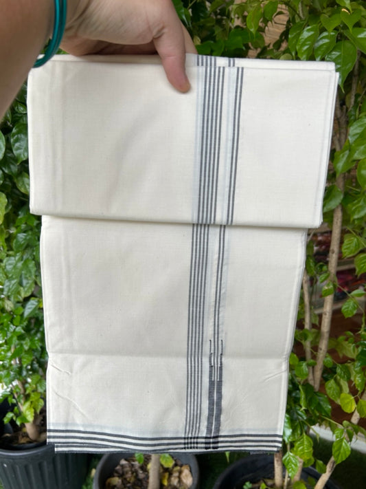 20% DISCOUNT ! KaithariKada Balaramapuram 100% COTTON SINGLE OFF WHITE (Unbleached) Mundu/Dhoti-Twisted 100s Thread- 0.5inch Puliyilakkara Black Striped Chutty Kara  (2 meter / 4 muzham)- 15KK5203ASH