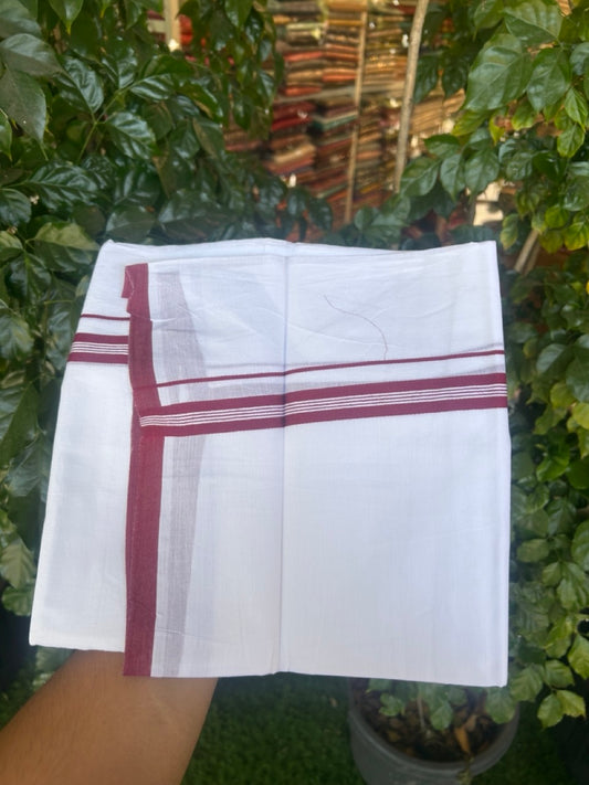 24% Discount! KaithariKada Balaramapuram 100% Cotton Double Pure white Mundu/Dhoti- 100x100 - 0.75 inch Maroon Striped kara - 3.90mtr ( 8 muzham) - 45 KK5279 CKS