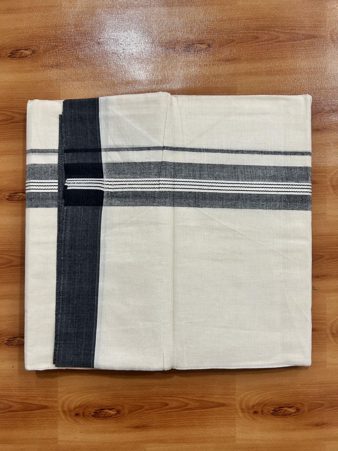 Double Off White (Unbleached) Mundu/Dhoti - 20% Discount! KaithariKada Pure Cotton -100x80 - 1.5 inch Black Shaded Striped Kara 4 mtr (8.5 Muzham) - 85 KK5460 PMC