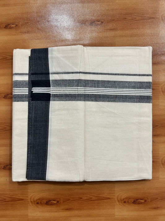Double Off White (Unbleached) Mundu/Dhoti - 20% Discount! KaithariKada Pure Cotton -100x80 - 1.5 inch Black Shaded Striped Kara 4 mtr (8.5 Muzham) - 85 KK5460 PMC