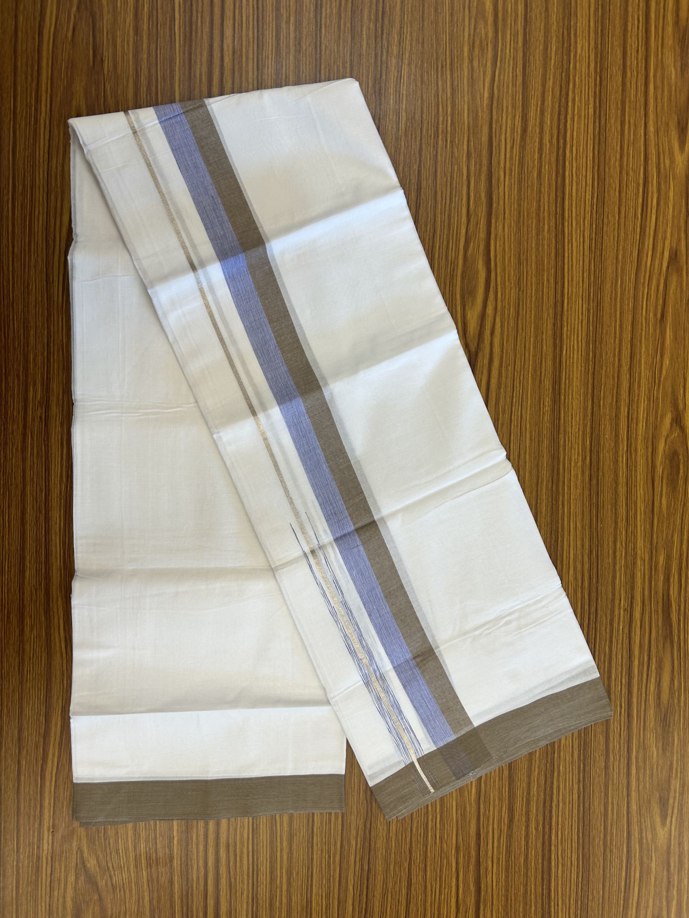 20% Discount ! Kaitharikada Balaramapuram 100% Pure Cotton Double Pure White Mundu/Dhoti - 100x80 - 1.5 inch Silver Kasav Greyish Brown & Blue Shaded Stripes Chutty 3.90 mtr (8 muzham) - 59 KK5312 PMC