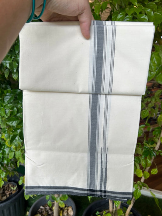 20% DISCOUNT ! KaithariKada Balaramapuram 100% COTTON SINGLE OFF WHITE (Unbleached) Mundu/Dhoti-Twisted 100s Thread- 0.75inch Puliyilakkara Black Shaded Chutty Kara  (2 meter / 4 muzham)- 14KK5203ASH