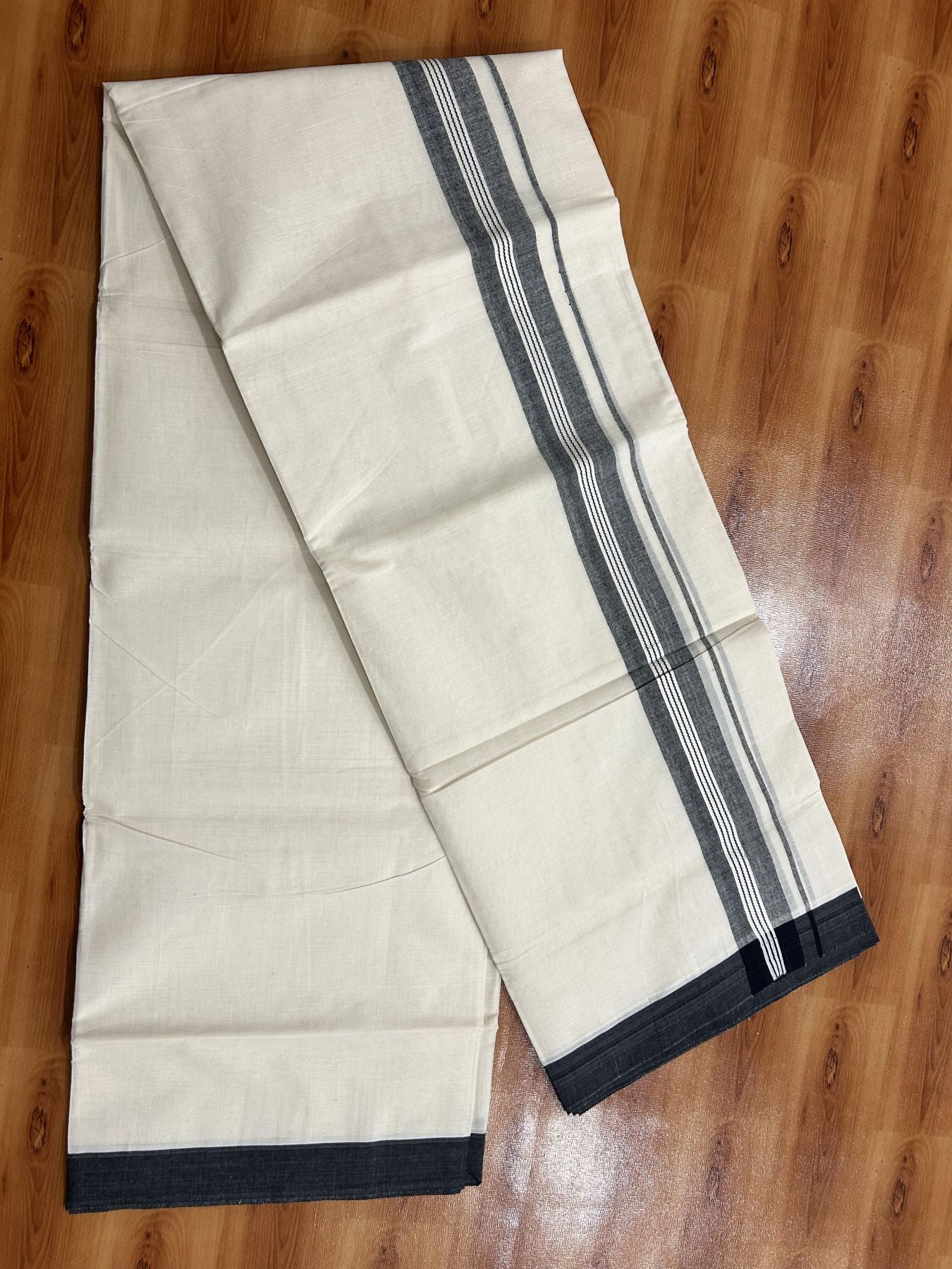 Double Off White (Unbleached) Mundu/Dhoti - 20% Discount! KaithariKada Pure Cotton -100x80 - 1.5 inch Black Shaded Striped Kara 4 mtr (8.5 Muzham) - 85 KK5460 PMC