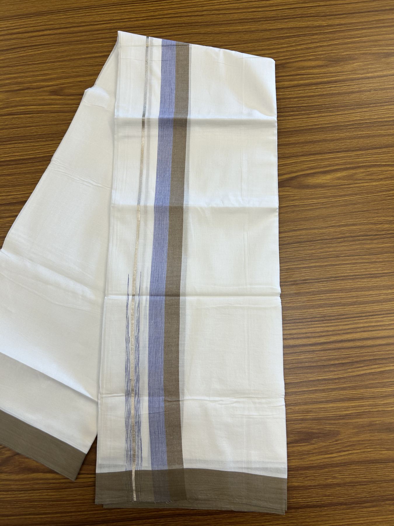 20% Discount ! Kaitharikada Balaramapuram 100% Pure Cotton Double Pure White Mundu/Dhoti - 100x80 - 1.5 inch Silver Kasav Greyish Brown & Blue Shaded Stripes Chutty 3.90 mtr (8 muzham) - 59 KK5312 PMC