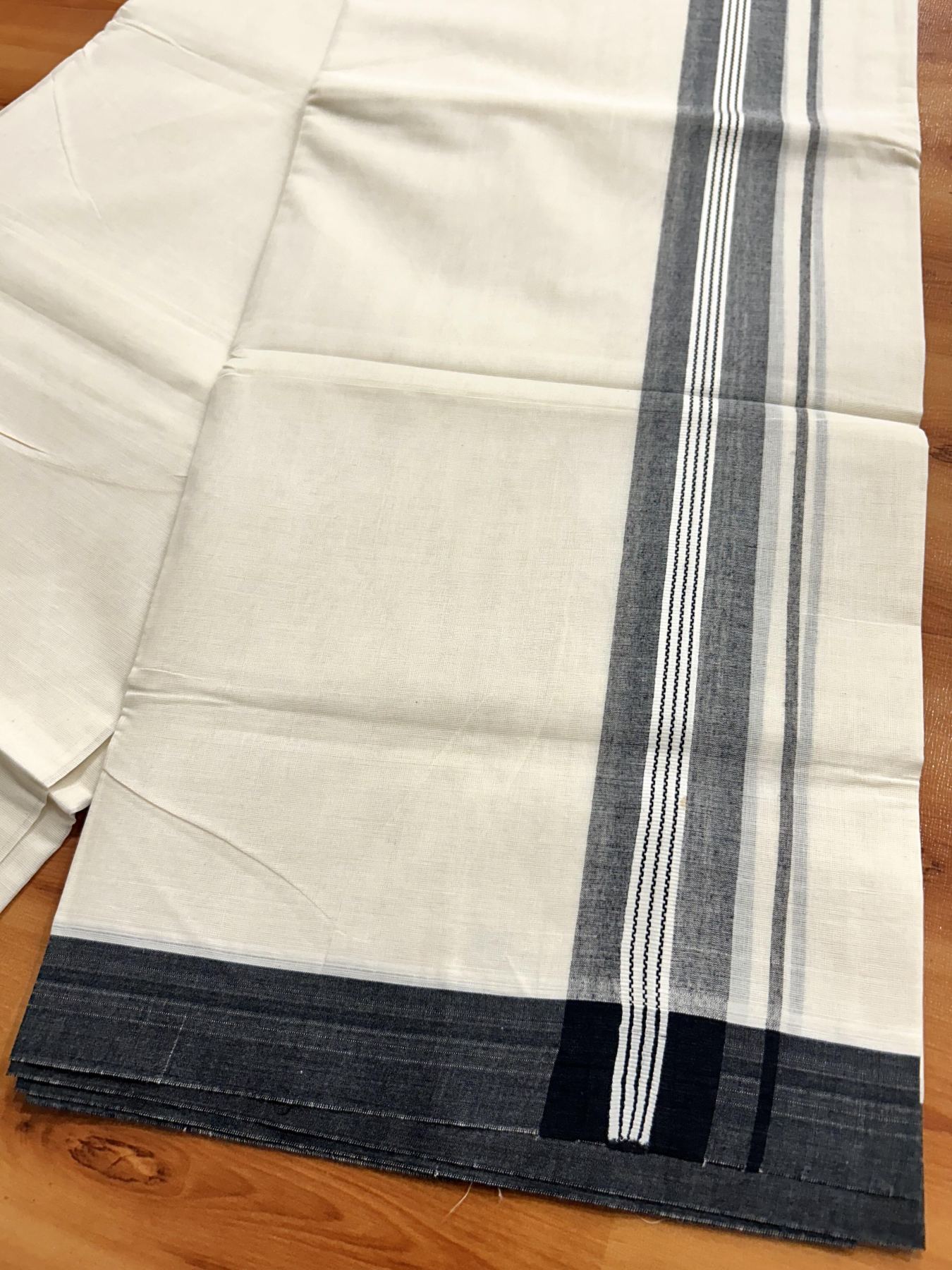 Double Off White (Unbleached) Mundu/Dhoti - 20% Discount! KaithariKada Pure Cotton -100x80 - 1.5 inch Black Shaded Striped Kara 4 mtr (8.5 Muzham) - 85 KK5460 PMC