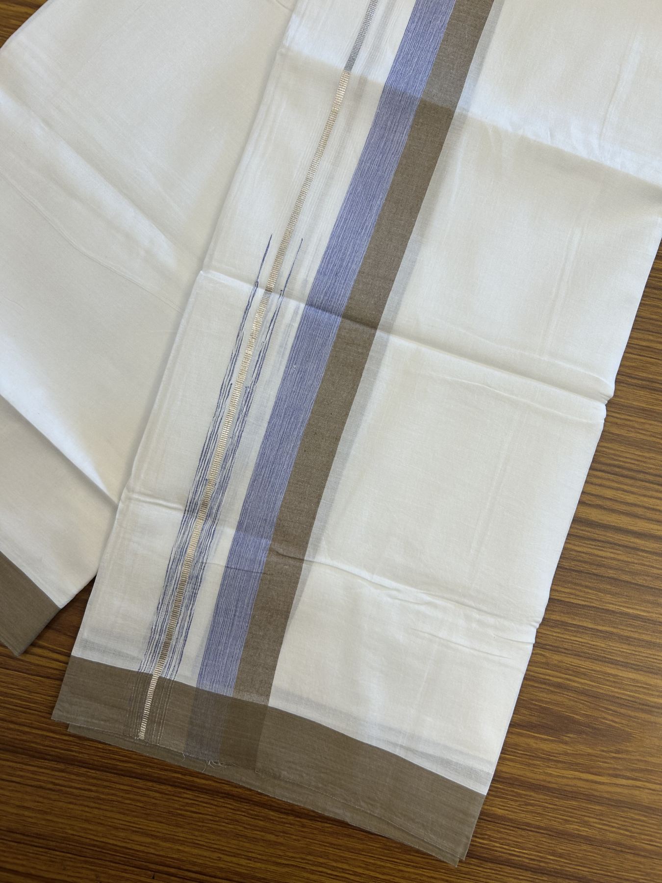 20% Discount ! Kaitharikada Balaramapuram 100% Pure Cotton Double Pure White Mundu/Dhoti - 100x80 - 1.5 inch Silver Kasav Greyish Brown & Blue Shaded Stripes Chutty 3.90 mtr (8 muzham) - 59 KK5312 PMC