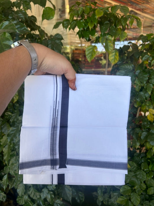 5% Discount! KaithariKada Balaramapuram 100% Cotton Double Pure white Mundu/Dhoti- 100x100 - 0.75 inch Puliyilakkara Navy Blue One Side Chutty Kara - 3.90 mtr (8 muzham)  - 51 KK5279 CKS