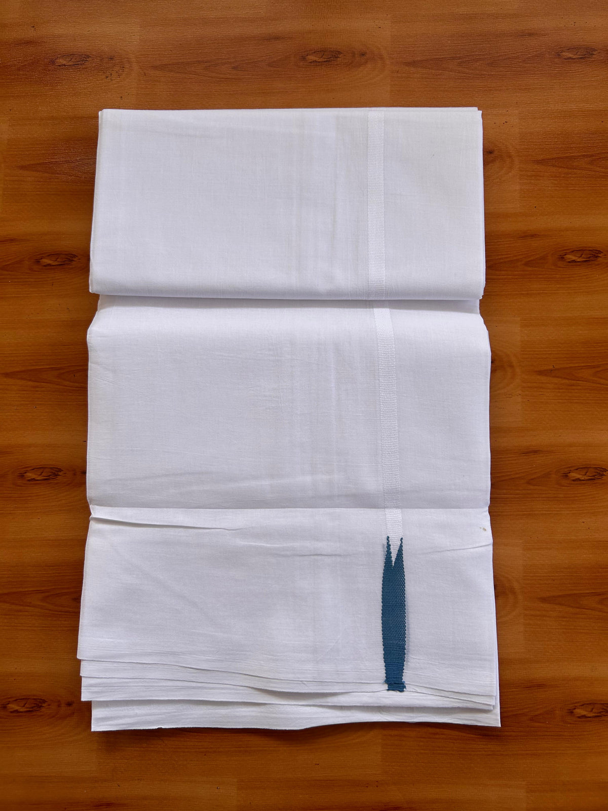 Pure White Double Mundu/Dhoti - 20% Discount! KaithariKada Pulimood - 100% Cotton - 100x100 - 0.5 inch Puliyilakkara Peacock Blue Chutty Kara 4 mtr (8.5 muzham) - 19 KK5530 ASH