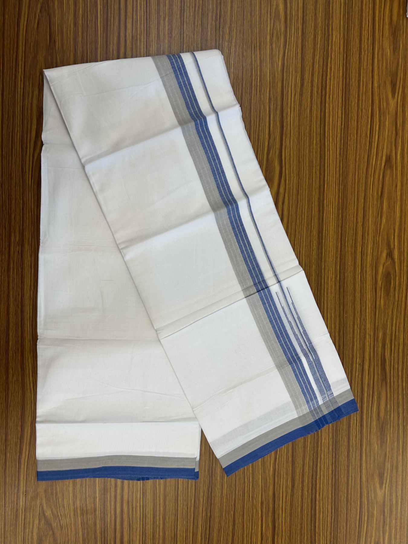 20% Discount ! Kaitharikada Balaramapuram 100% Pure Cotton Double Pure White Mundu/Dhoti - 100x80 - 1.5 inch Silver Kasav Grey & Blue Shaded Stripes Chutty 3.90 mtr (8 muzham) - 57 KK5312 PMC
