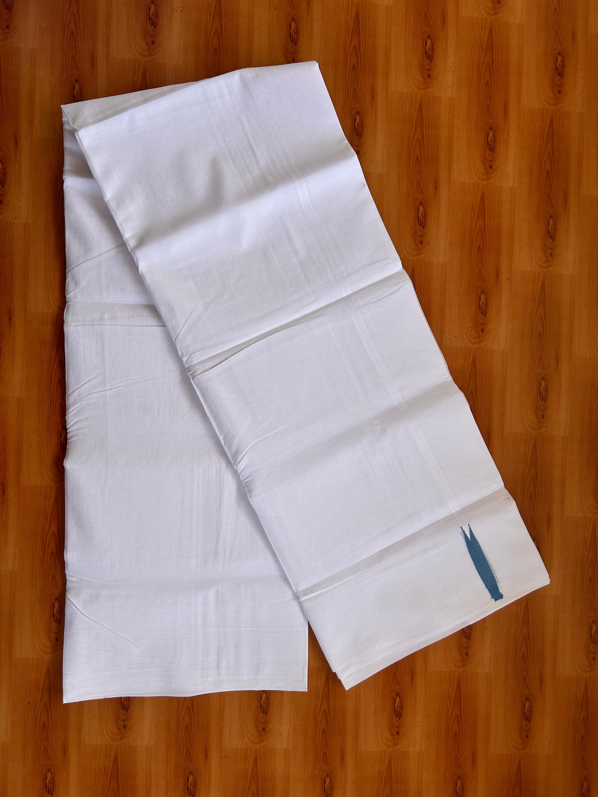 Pure White Double Mundu/Dhoti - 20% Discount! KaithariKada Pulimood - 100% Cotton - 100x100 - 0.5 inch Puliyilakkara Peacock Blue Chutty Kara 4 mtr (8.5 muzham) - 19 KK5530 ASH