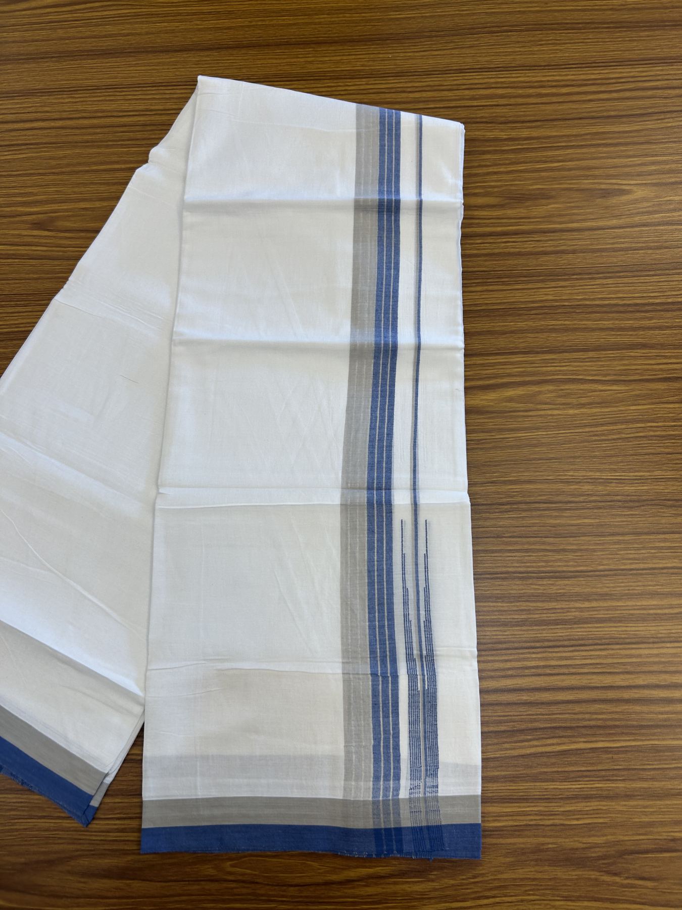 20% Discount ! Kaitharikada Balaramapuram 100% Pure Cotton Double Pure White Mundu/Dhoti - 100x80 - 1.5 inch Silver Kasav Grey & Blue Shaded Stripes Chutty 3.90 mtr (8 muzham) - 57 KK5312 PMC