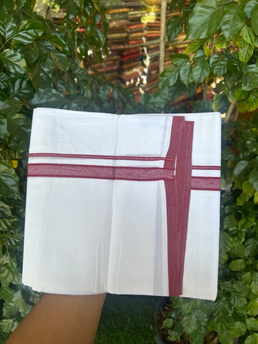 24% Discount! KaithariKada Balaramapuram 100% Cotton Double Pure white Mundu/Dhoti- 100x100 - 0.75 inch Maroon Shaded kara - 3.90mtr ( 8 muzham) - 46 KK5279 CKS